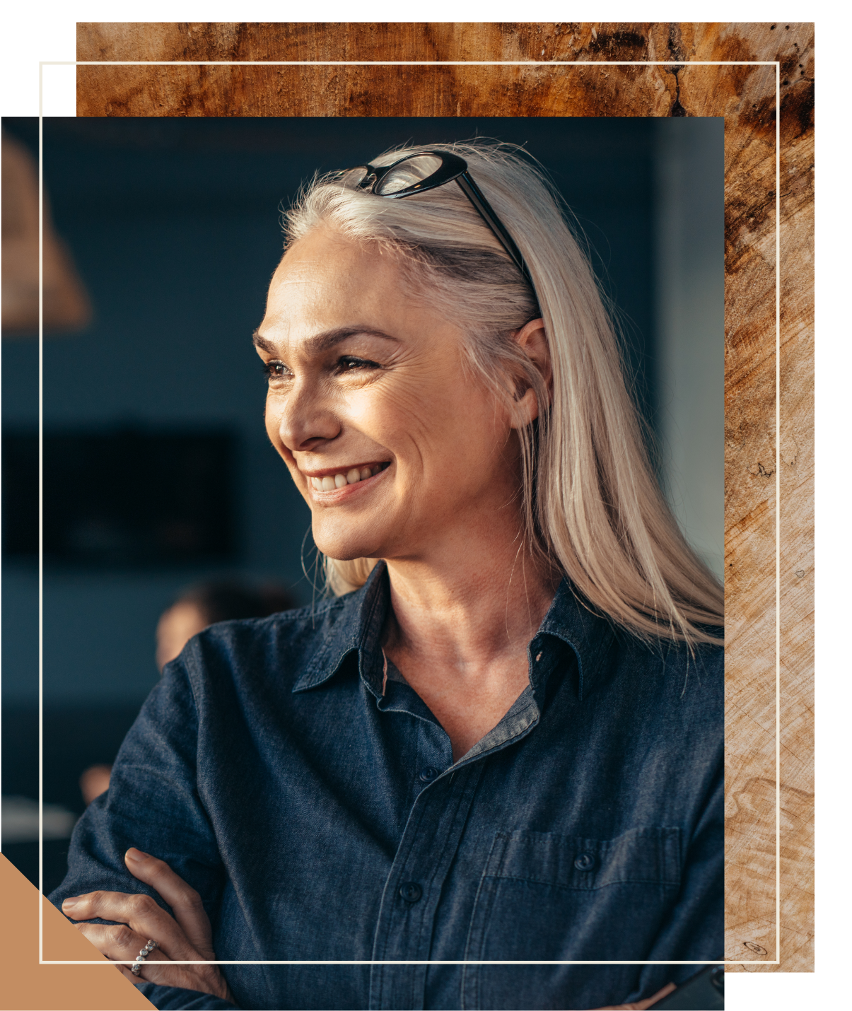 Slate 55+ apartments senior woman portrait smiling with wood texture background