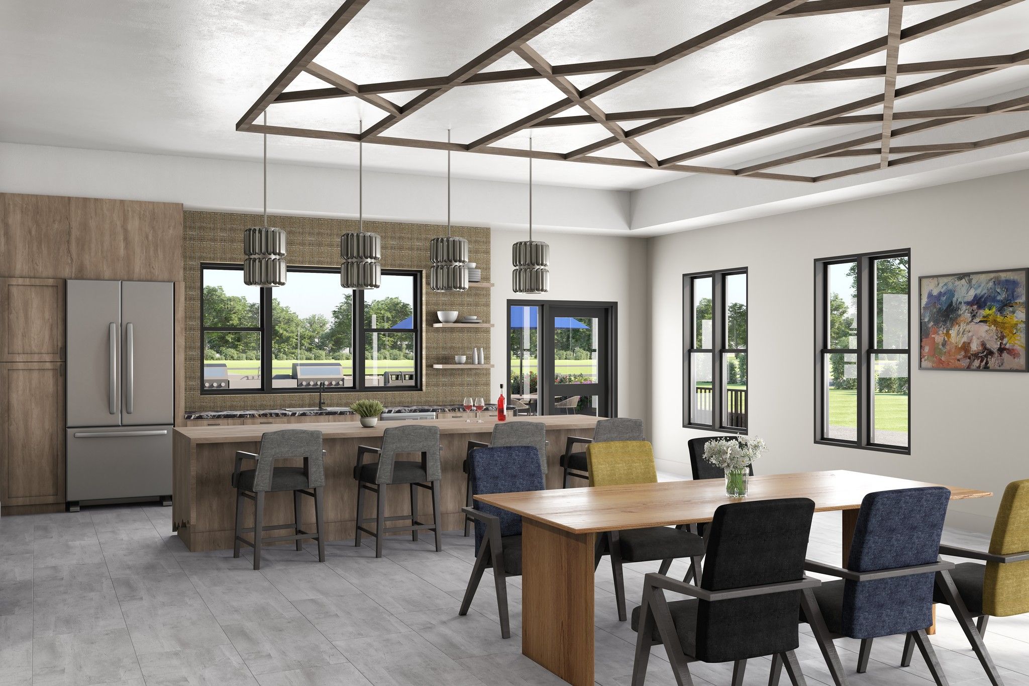 Rendering of The Lounge amenity at Slate Apartments with room for entertainment and a kitchen island for hosting