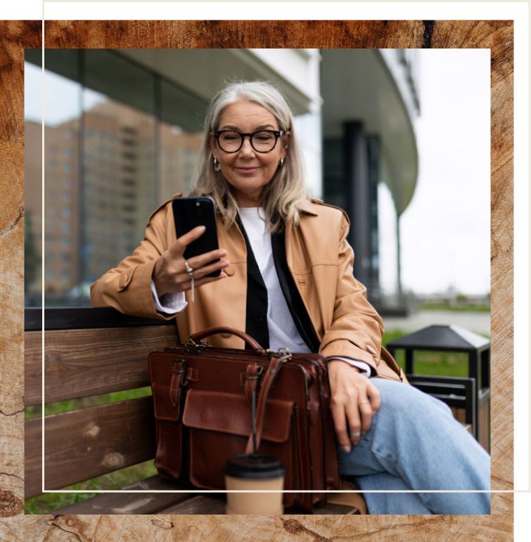 Senior woman sitting on bench with purse and coffee looking at phone