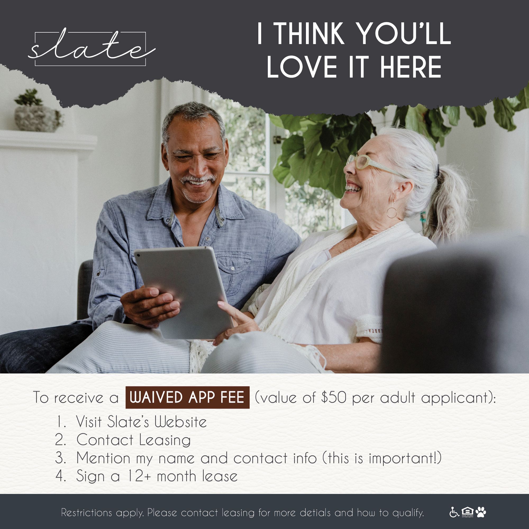 Slate advocate program graphic with details on referral program and photo of a senior couple sitting on a couch laughing together