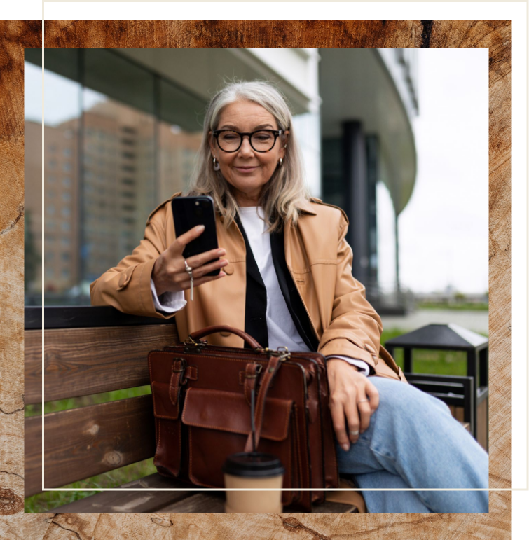 Senior woman sitting on bench with purse and coffee looking at phone