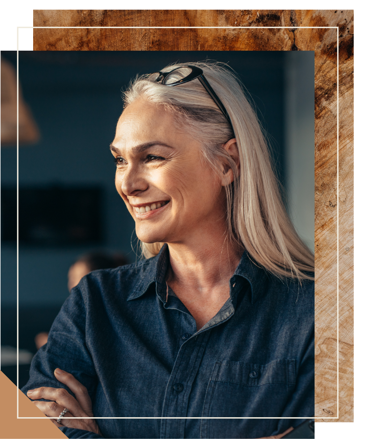 Slate 55+ apartments senior woman portrait smiling with wood texture background