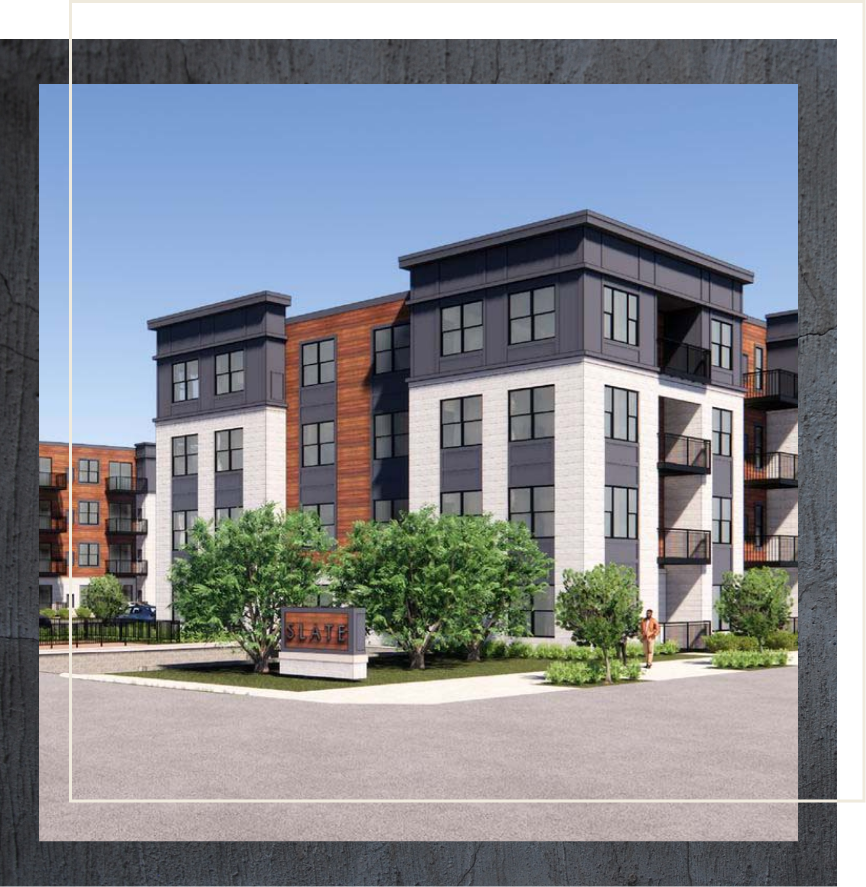 Exterior rendering of Slate apartments showing monument sign and building