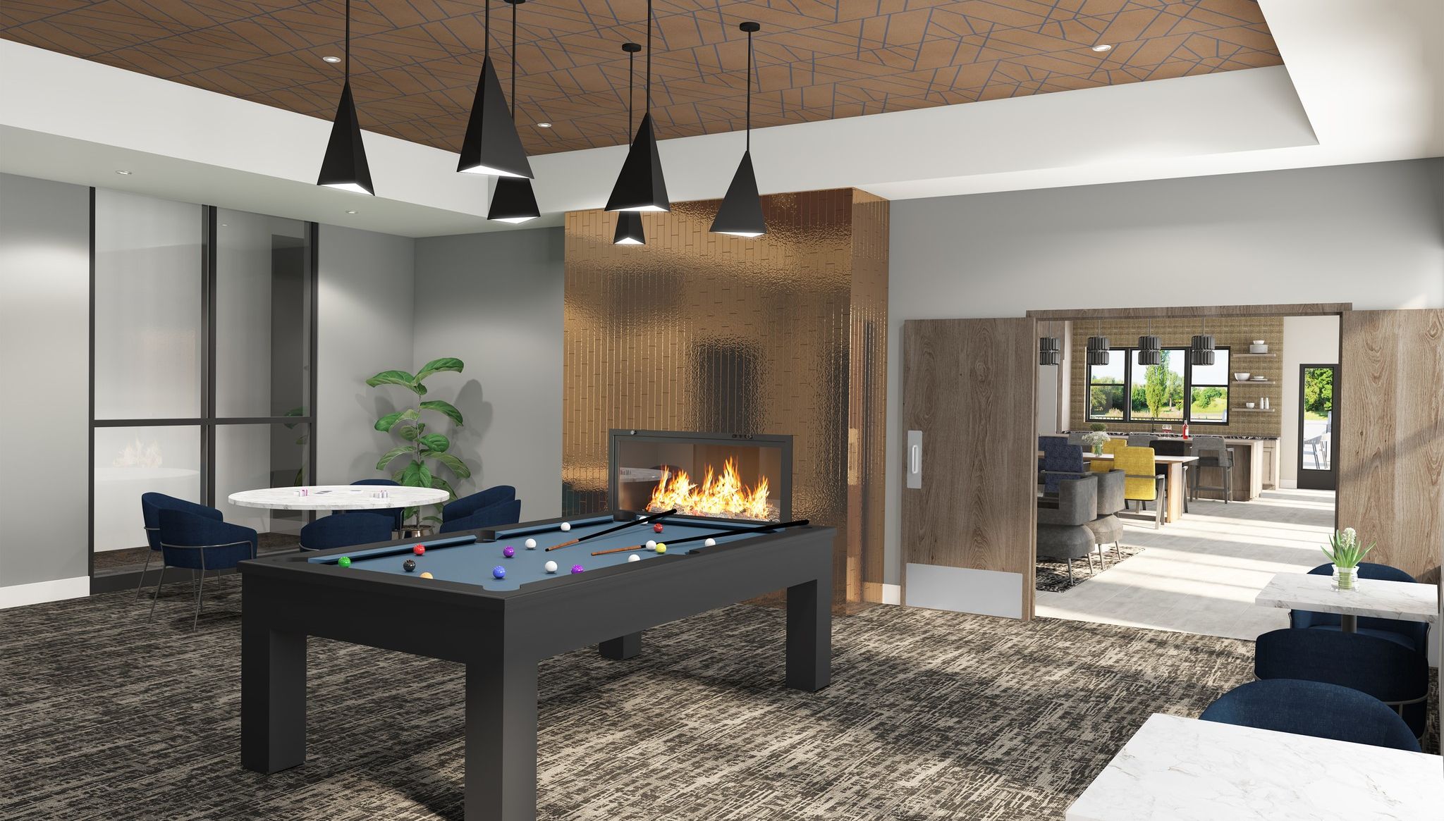 rendering of game hall amenity at Slate 55+ apartments with a fireplace and billiards table
