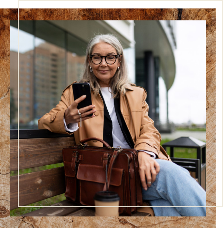 Senior woman sitting on bench with purse and coffee looking at phone