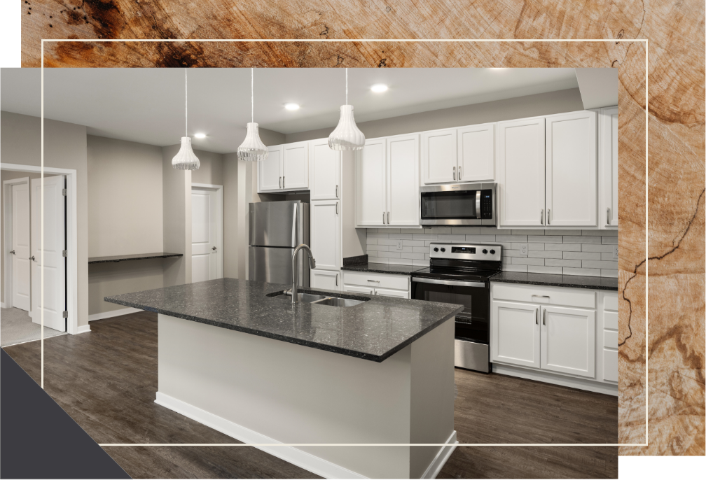 Rendering of 1 bed 55+ apartment kitchen with wood cabinets and light finishes