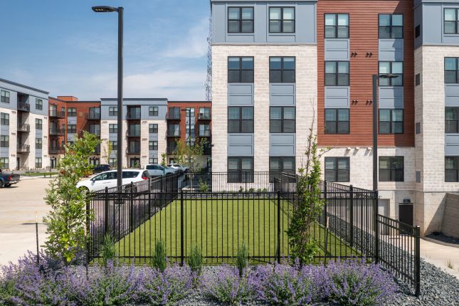 Slate apartments fenced-in grassy pet play area.